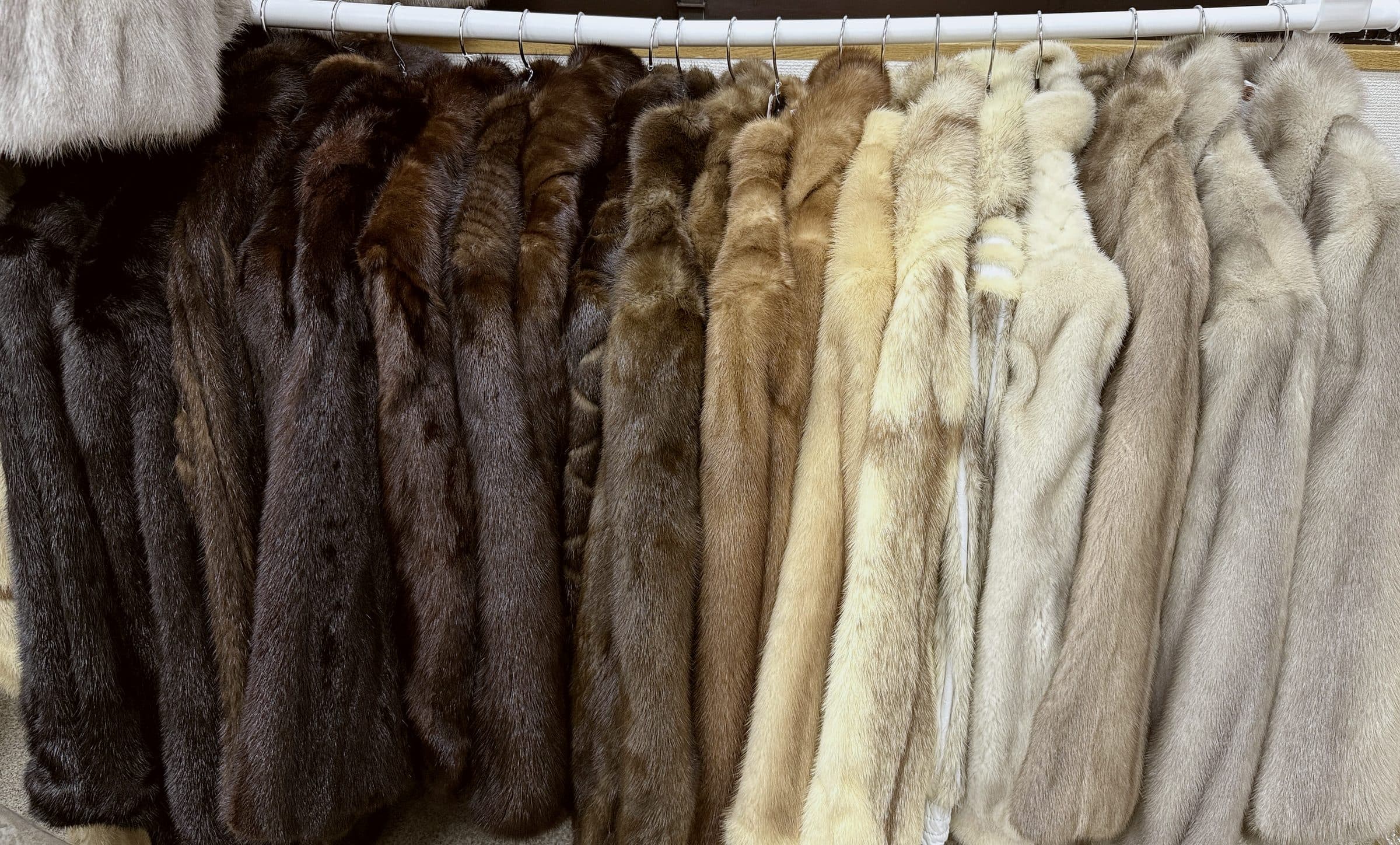 A rack of vintage mink coats at TOKONAME FUR HOUSE in shades from black through honey to silver